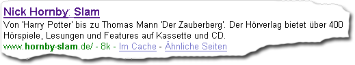 Google-Eintrag für die Hornby-Website