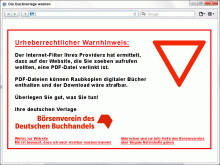 Parodie auf einen Warnhinweis, wie ihn der Börsenverein des Deutschen Buchhandlels fordert