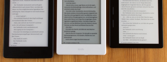  size comparison: Paperwhite (left), Kindle and  Kindle Oasis 