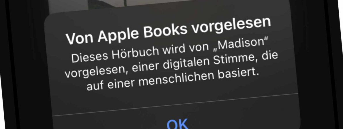 Hinweis auf eine Computerstimme als Vorleserin in Apple Books (Foto: Screenshot)