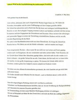 Offener Brief an die Geschäftsleitung des mediacampus Frankfurt von den Schülern des 162. Kurses - Seite 1 von 2