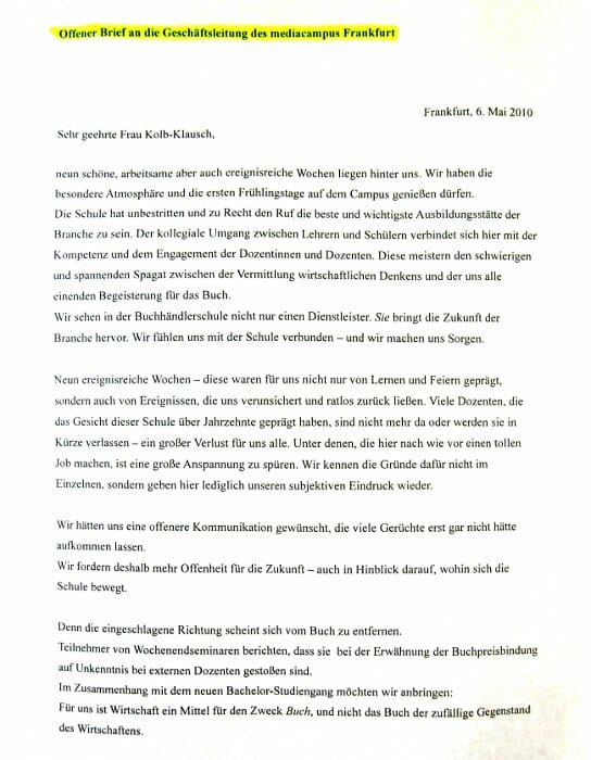 Offener Brief an die Geschäftsleitung des mediacampus Frankfurt von den Schülern des 162. Kurses - Seite 1 von 2