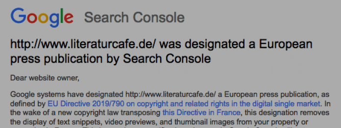 Post von Google: Das literaturcafe.de wird als »European press publication« eingestuft.