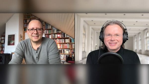 André Hille (links) im Gespräch per Zoom mit Wolfgang Tischer vom literaturcafe.de