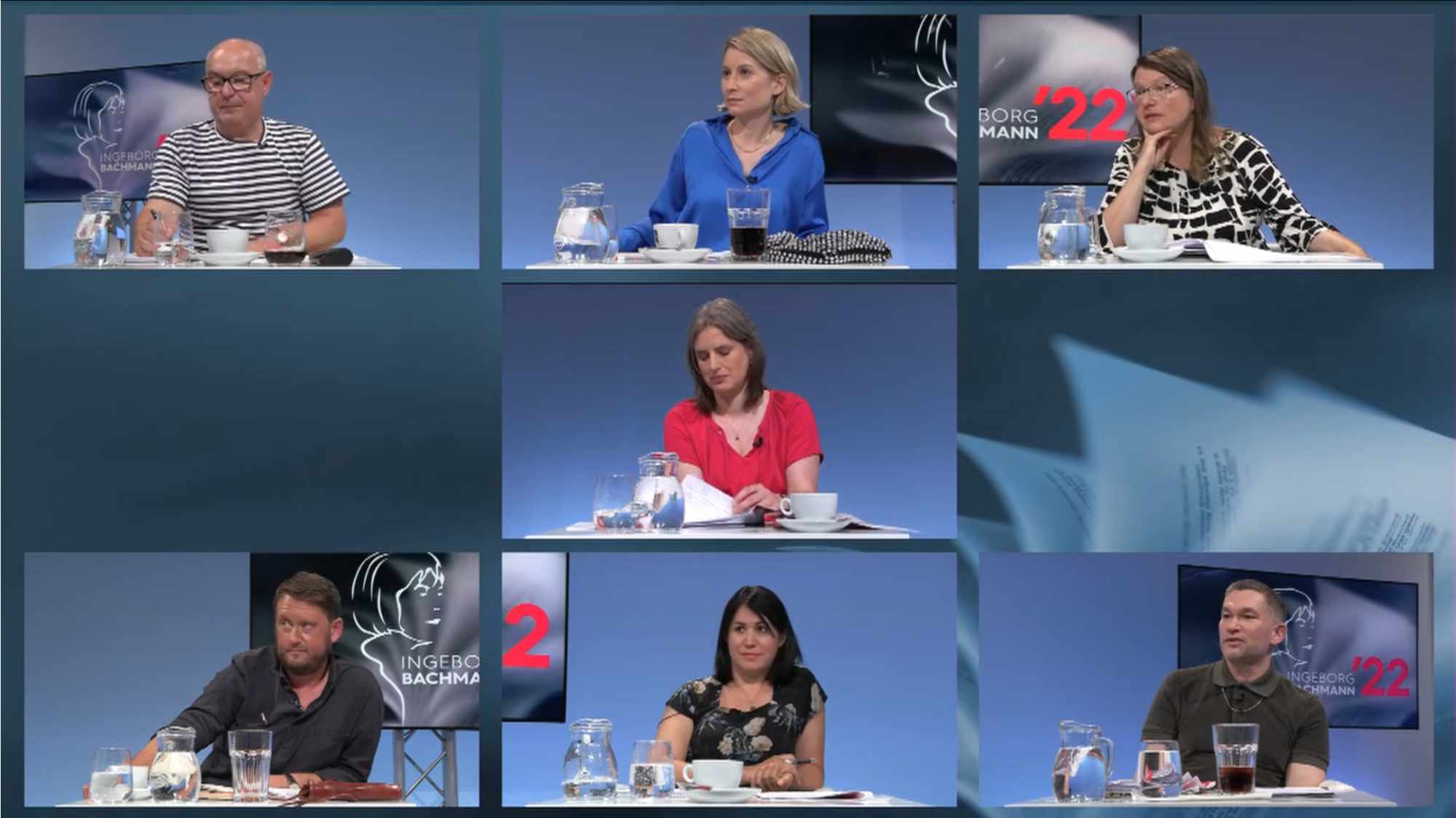 Die Jury 2022 von oben links nach unten rechts: Klaus Kastberger, Mara Delius, Brigitte Schwens-Harrant, Insa Wilke, Michael Wiederstein, Vea Kaiser und Philipp Tingler (Foto: Screenshot/ORF)