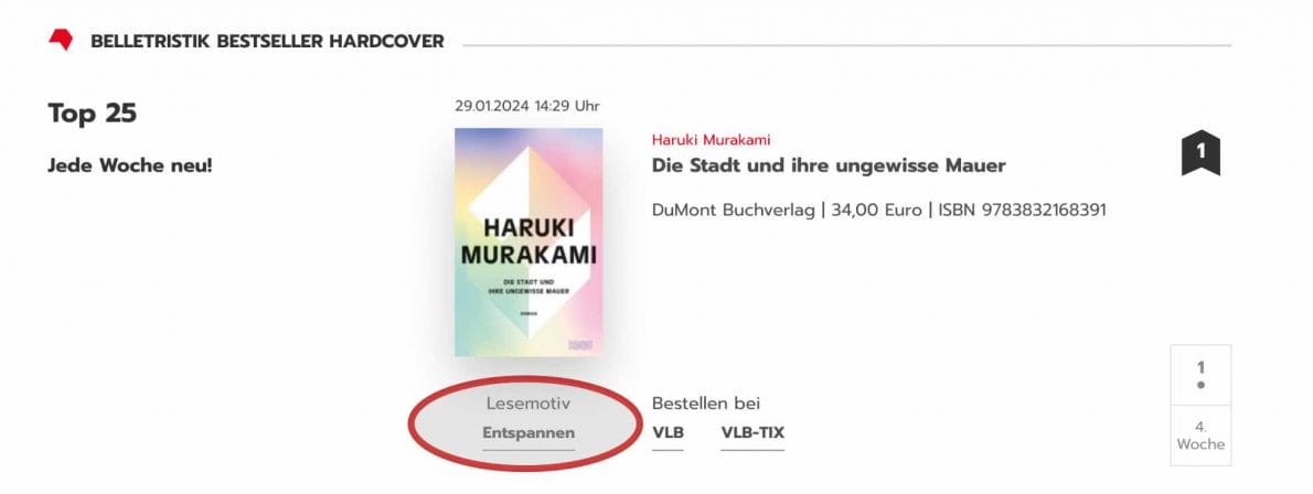 Beispiel der Anzeige der Lesemotivation in den Bestsellerlisten (Screenshot boersenblatt.net/ Hervorhebung durch literaturcafe.de)