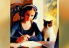Ein Bild, erzeugt mit dem KI-Bildgenerator von Bing (DALL·E). Eingabe: Ein Mädchen, das Kopfhörer trägt und an ihrem Roman schreibt. Eine Katze sitzt neben ihr. Im Stil eines impressionistischen Gemäldes.
