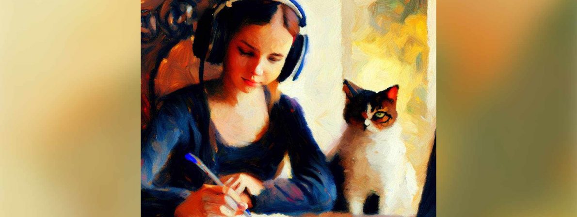 Ein Bild, erzeugt mit dem KI-Bildgenerator von Bing (DALL·E). Eingabe: Ein Mädchen, das Kopfhörer trägt und an ihrem Roman schreibt. Eine Katze sitzt neben ihr. Im Stil eines impressionistischen Gemäldes.