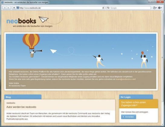Neobooks - Startseite während der Betaphase