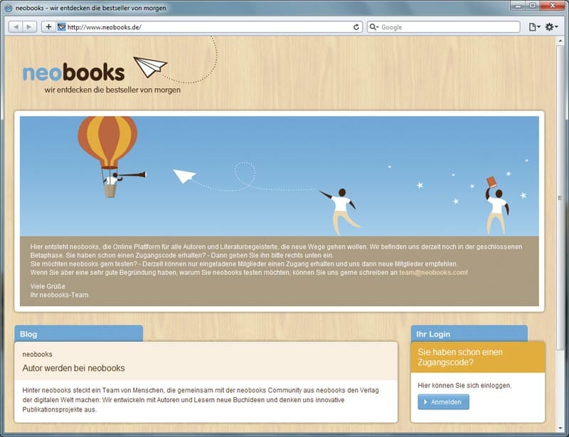 Neobooks - Startseite während der Betaphase