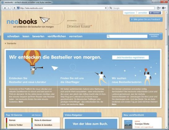 Neobooks - Startseite nach der Anmedung als Beta-Tester