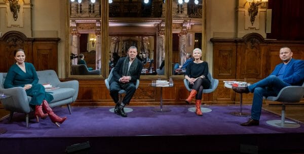 Das Literarische Quartett vom 09.04.2021 und von links nach rechts: Thea Dorn, Moritz von Uslar, Dörte Hansen und Marko Martin (Foto: ZDF/Svea Pietschmann)