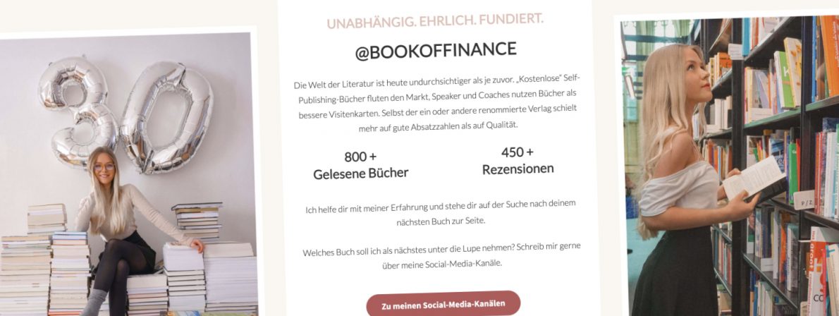 Sind dies wirklich echte Fotos: Screenshot der Website einer Buch-Influencerin