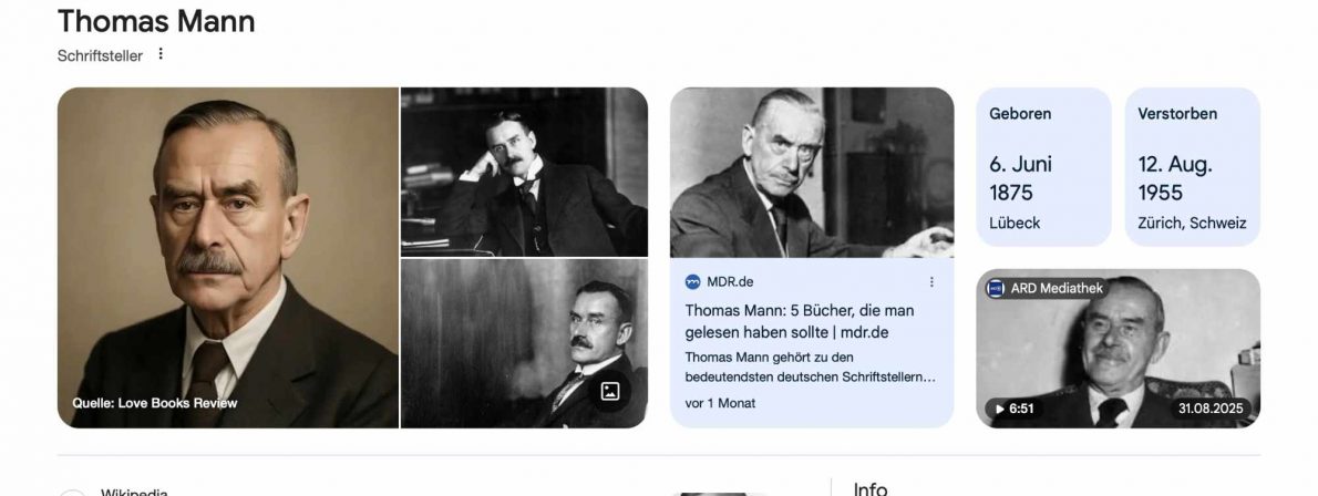 Bei der Suche nach »thomas mann« liefert Google an erster Stelle ein KI-generiertes Bild von Thomas Mann (Quelle: Screenshot)