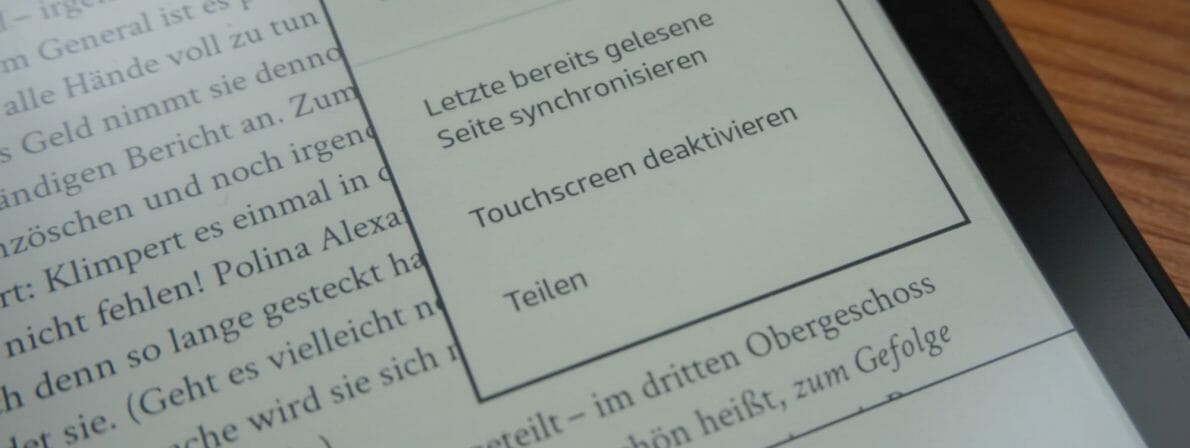 Bei dicken Fingern und schmalen Rändern sinnvoll: Der Touchscreen lässt sich deaktivieren, sodass er nur auf Blättergesten reagiert und man nicht versehentlich umblättert. (Foto: literaturcafe.de)
