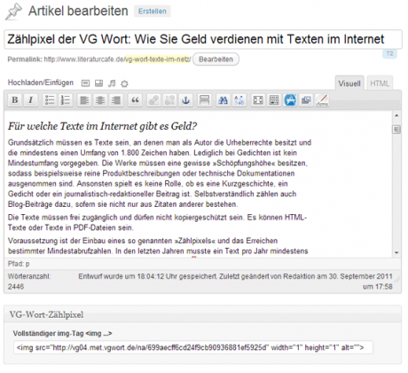 Eingabe des Zählpixel-Codes im Dashboard von WordPress