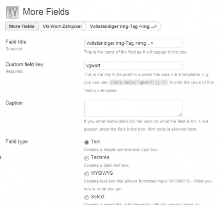 Plugin More Fields Feldeinstellung